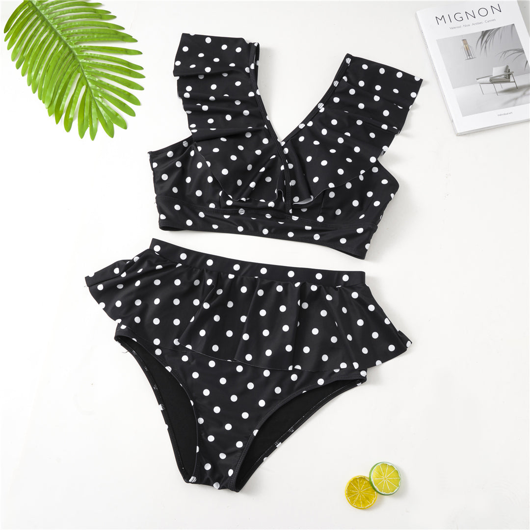 Black Polka Dot Print Ruffle Bikini Set