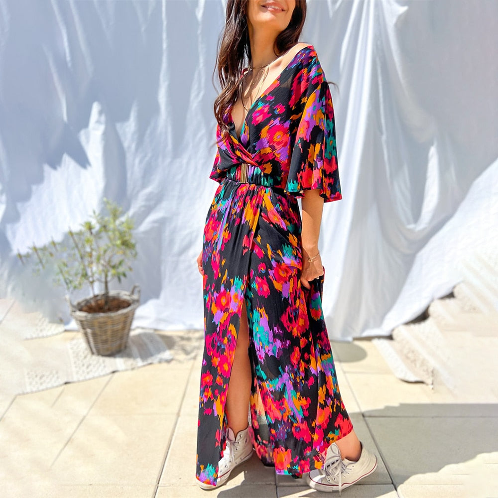 Elegant Casual Long Dress Ruffles Slit A Line Sexy Deep V Neck Print Floral Vestidos Boho Evening Prom Maxi Dress