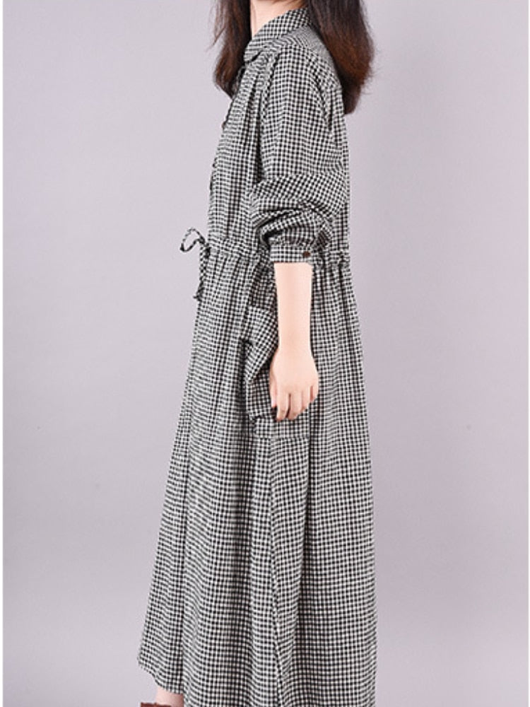 Dresses for Women Loose Stitching Cotton and Linen Plaid Long-sleeved Dress Women's Lace-up Waist Midi Skirt  Elegantly