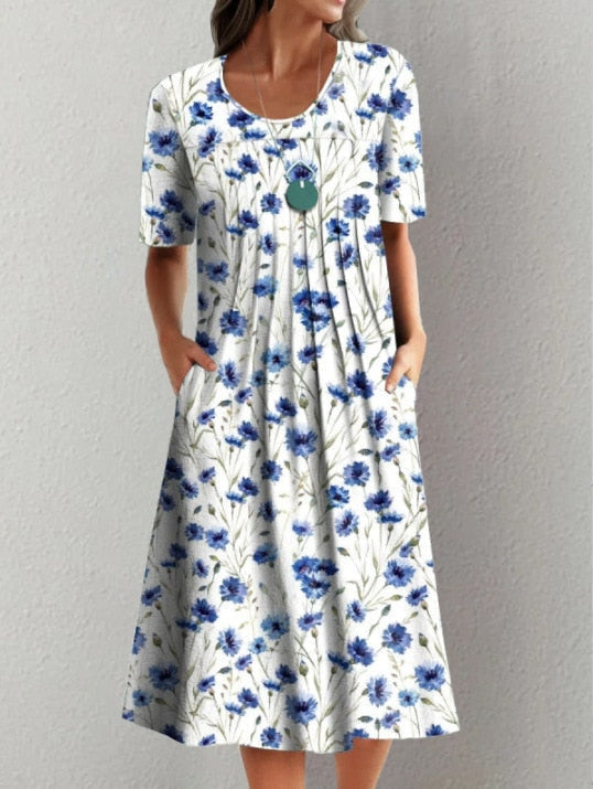 Dresses O-neck Knee-length Casual Print Empire Pullover Cotton Loose Women's Clothing Short Sleeve Summer Comfortable Leisure