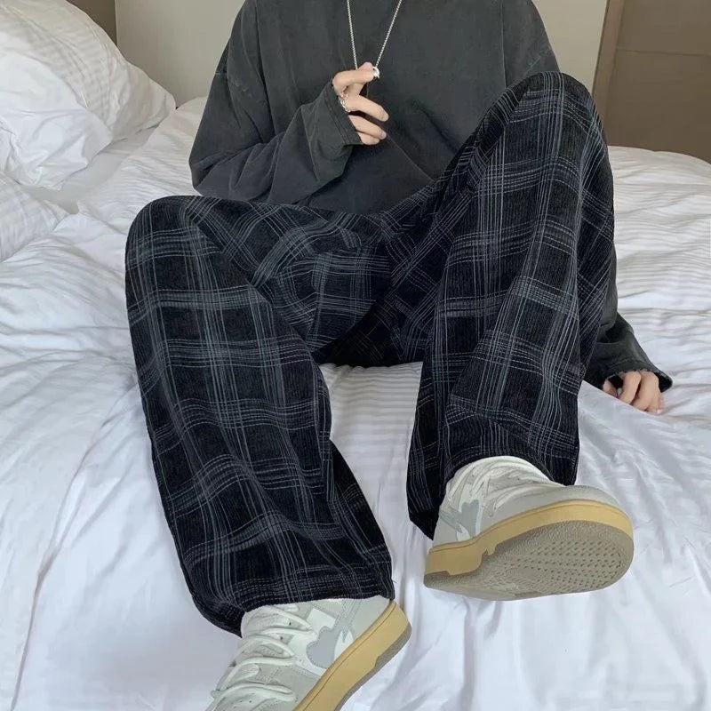 Checkered Corduroy Loose Sweatpants