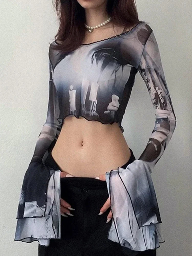 Y2K Flare Sleeve Crop Top