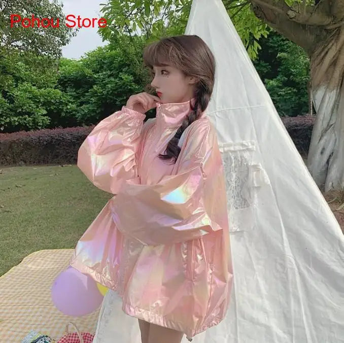 Holographic Oversized Sunblock Zipper Coat