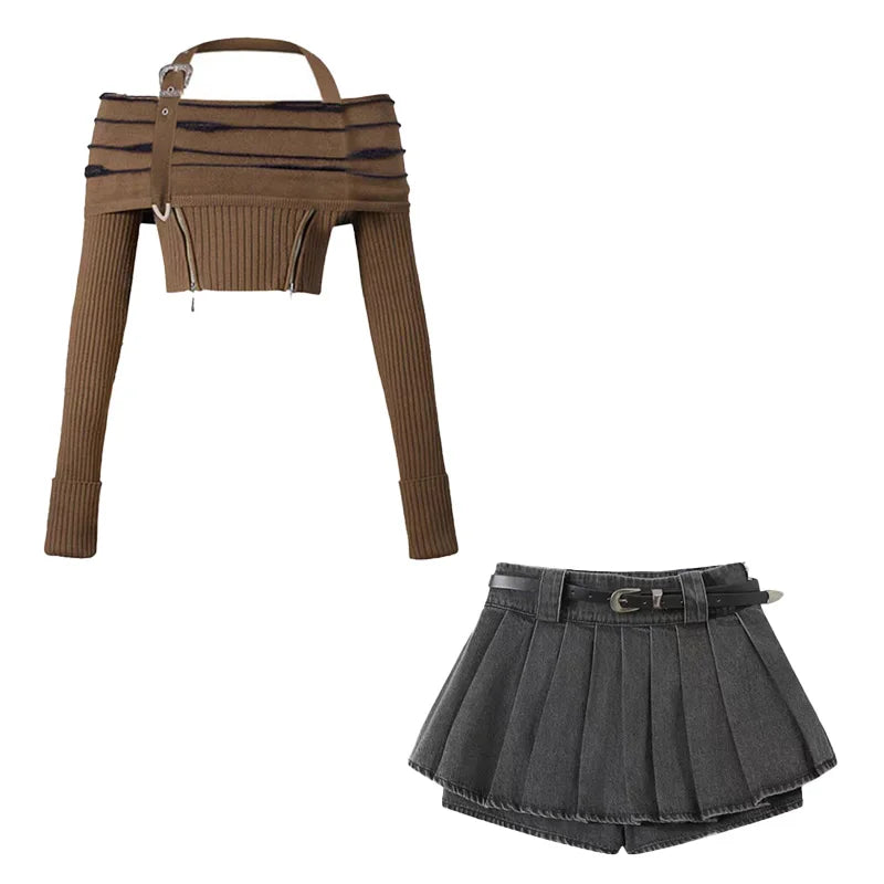 Y2K Outfit Set - Longsleeve Top & Mini Skirt