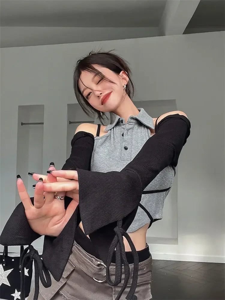 Y2K Off-Shoulder Patchwork Crop Top