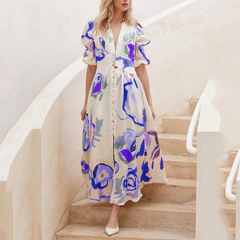 Dresses For Women 2023 Summer Sexy Print Long Maxi Dress Ladies Elegant Button Up Boho Floral Ruffles Pink Robe Vestidos