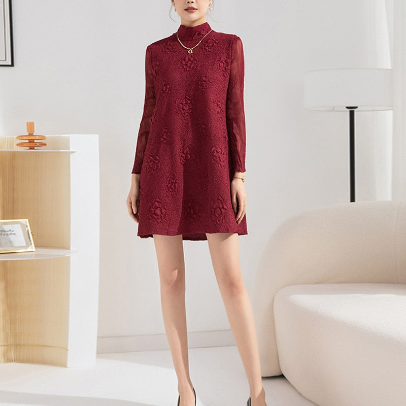 Dresses for Women Autumn Winter New Long Sleeve Half Turtleneck Embroidery Loose Large Size Fashion Elegant Casua Dress