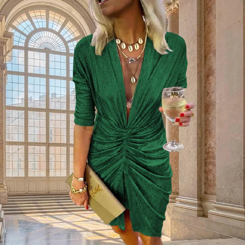 Elegant Bright Silk Long Sleeve Ruched Mini Dress Women Sexy Deep V Slit Night Club Party Evening Dress Female Autumn Vestidos