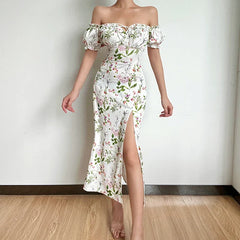 Lia - Off The Shoulder Floral Print High Split Dress