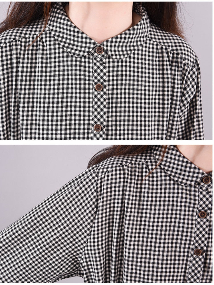 Dresses for Women Loose Stitching Cotton and Linen Plaid Long-sleeved Dress Women's Lace-up Waist Midi Skirt  Elegantly