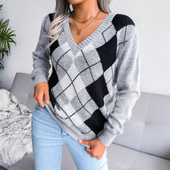 Lunetta - Gray Argyle Knitted V-Neck Sweater Top