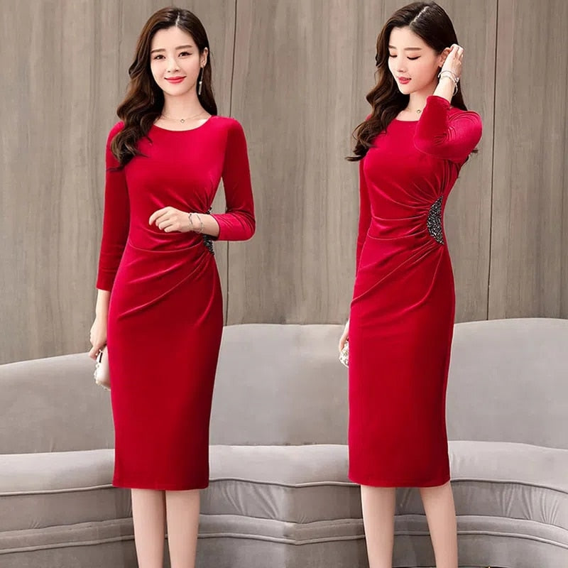 Elegant Long Sleeve Korean Evening Party Dress