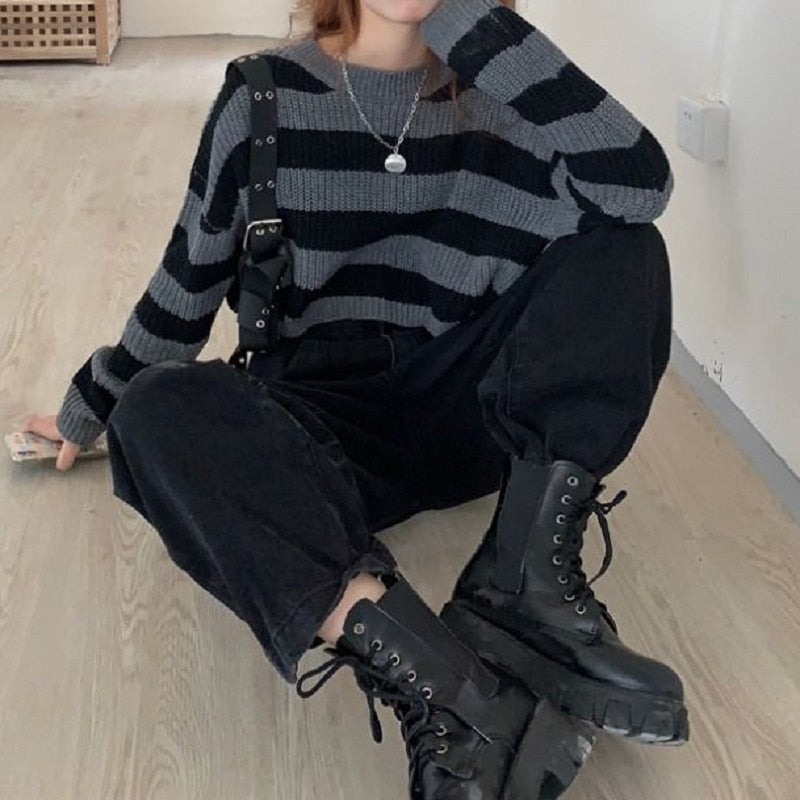 Korean Striped Cropped Sweater