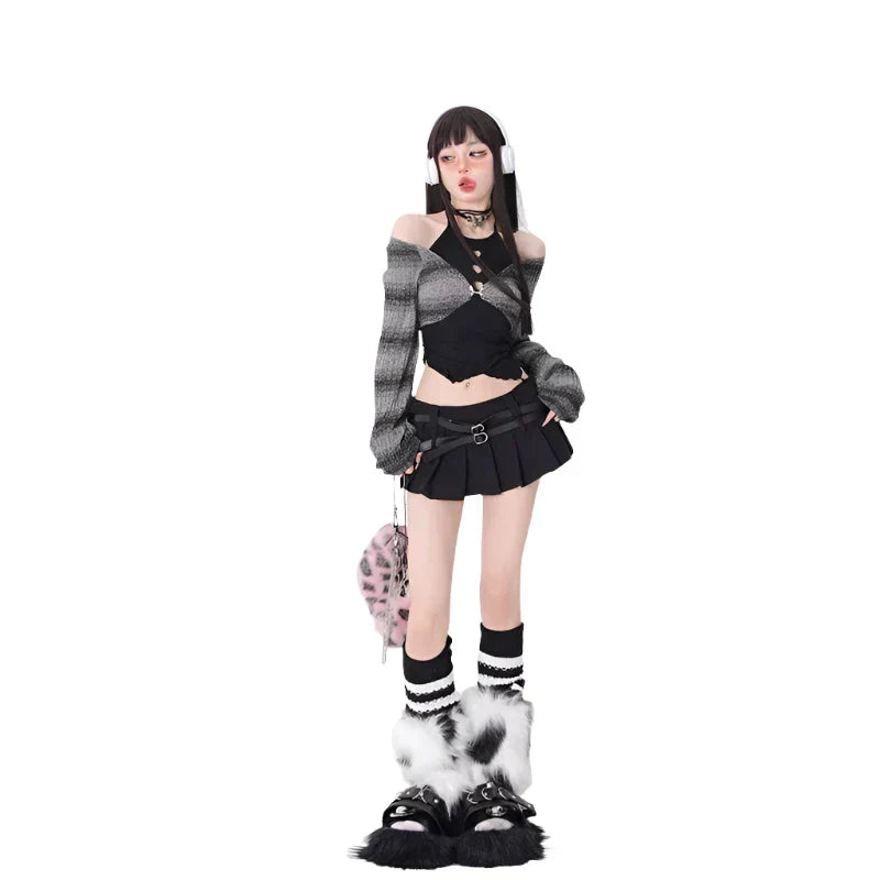 Y2K Kawaii Outfit Set - Short Skirt & Cardigan