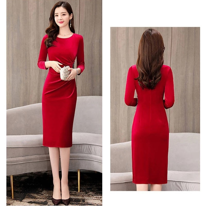 Elegant Long Sleeve Korean Evening Party Dress