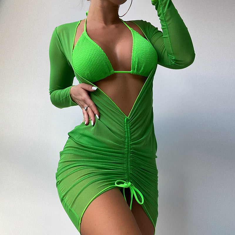 Green Three Piece Bikini With Cover Up