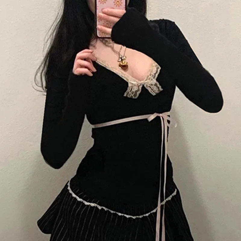 Y2K Slim Lace Bow Top