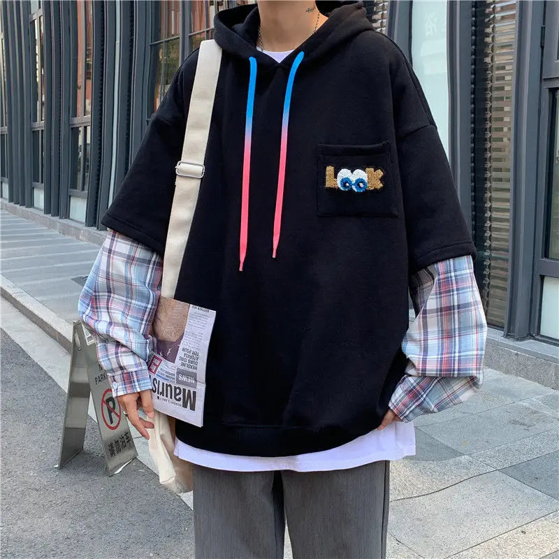 Plaid Spliced Lace-Up Hoodie