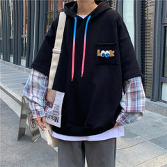 Plaid Spliced Lace-Up Hoodie