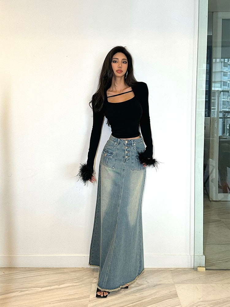 Retro Long Denim Skirt