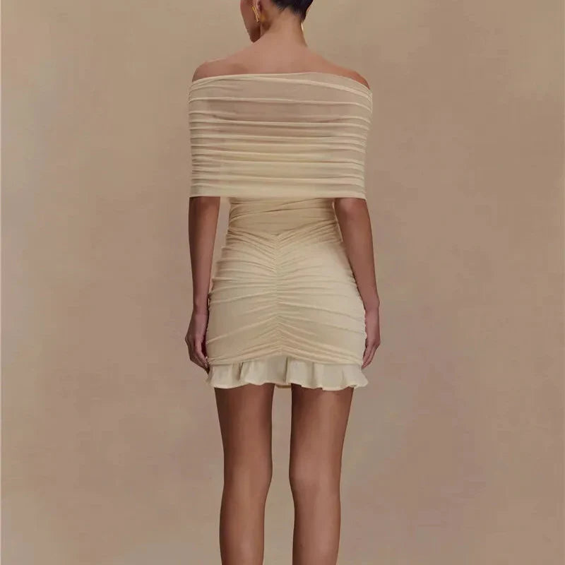 Hazel - Beige Mesh Off Shoulder Ruffled Dress