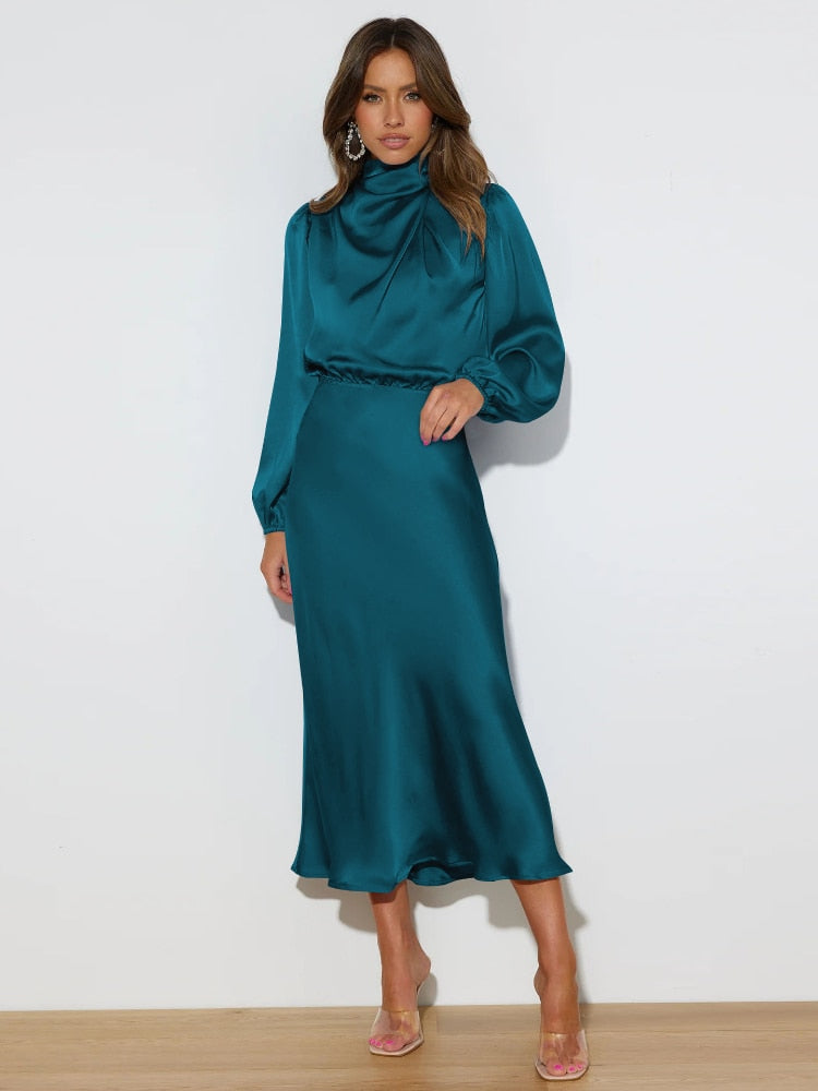 Dresses for Women's 2023 New Autumn Satin Long Sleeves Elegant Party Dresses Korean Fashion LOOSE Long Dresses Women's Clothing
