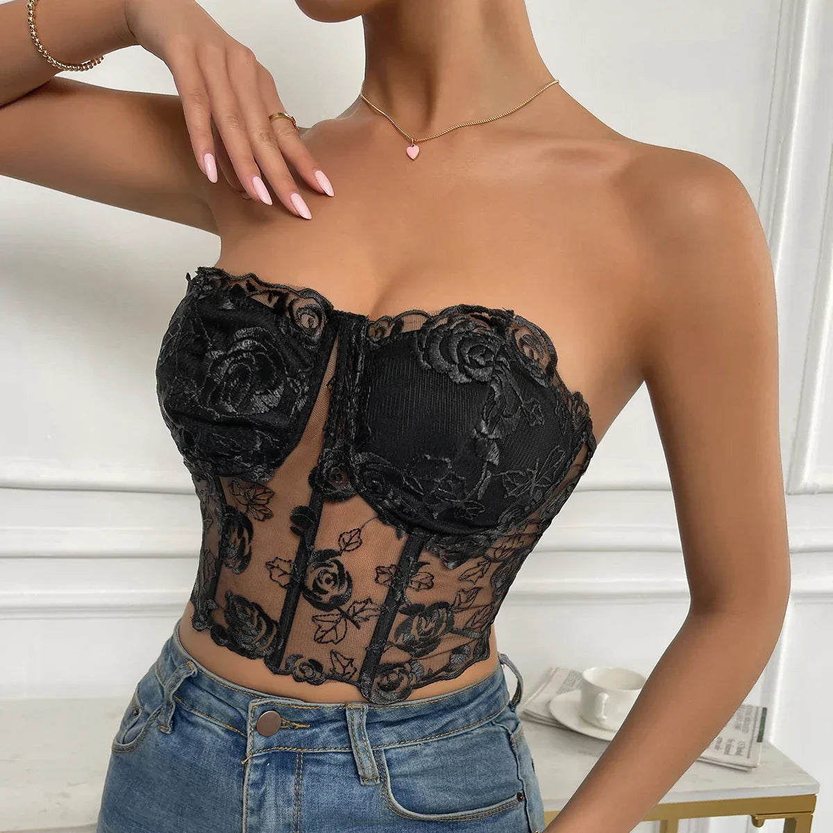 Noelle - Floral Lace Strapless Corset Top