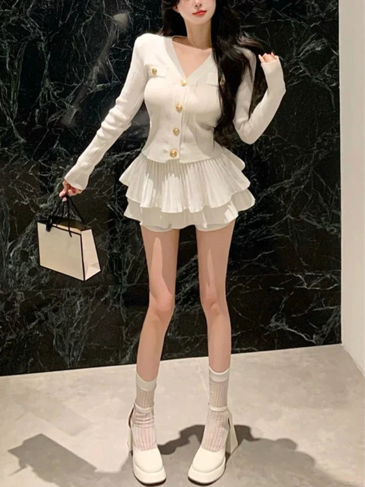 Korean Casual Slim Outfit Set - Cardigan & Mini Skirt
