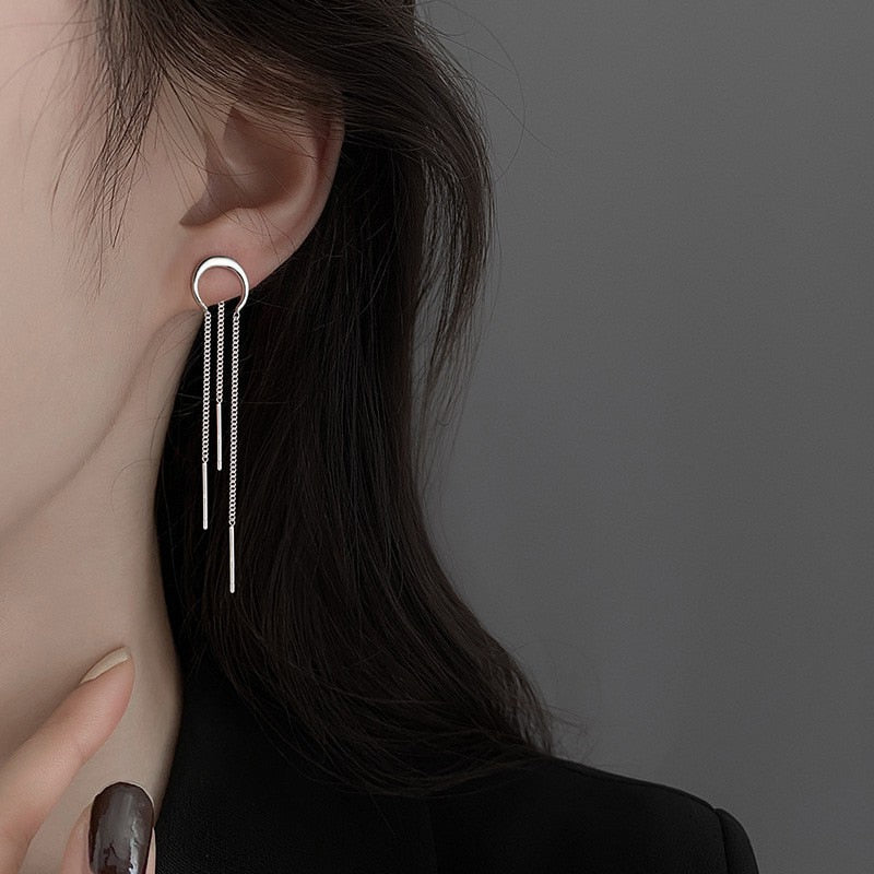 Silver Moon Crescent Chain Earrings