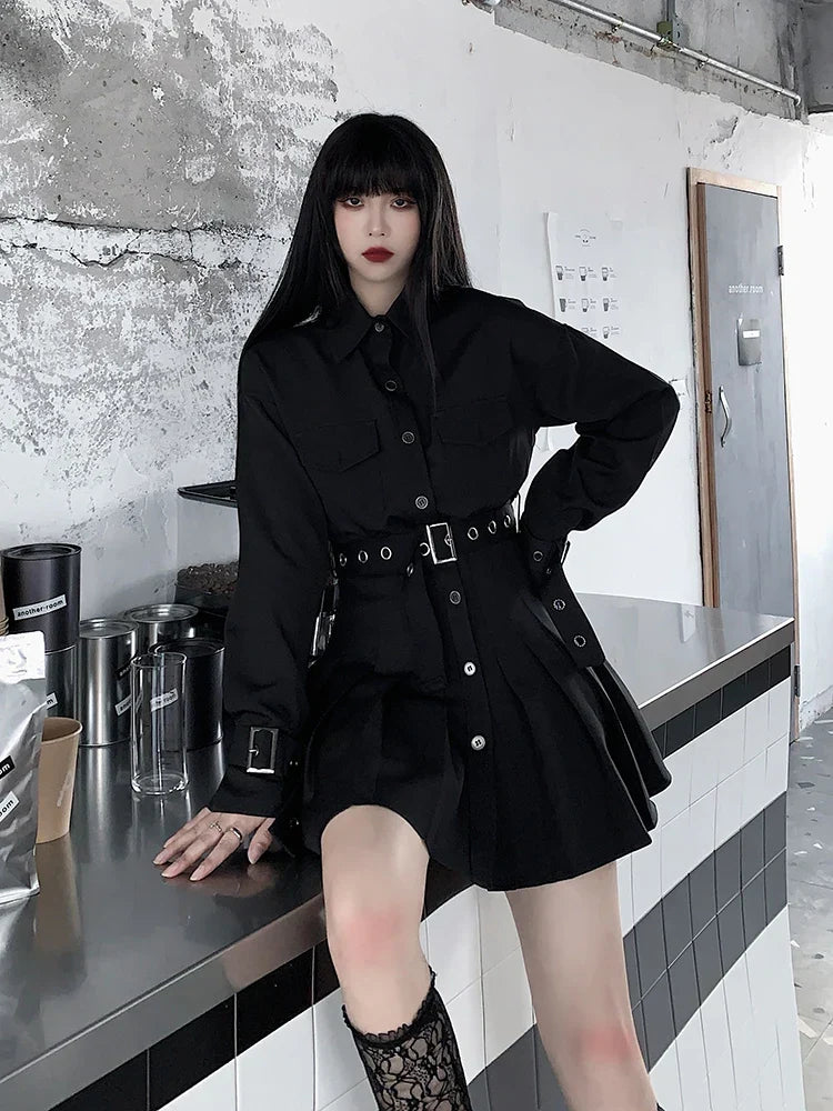 Korean Gothic Pleated Shirt Dress