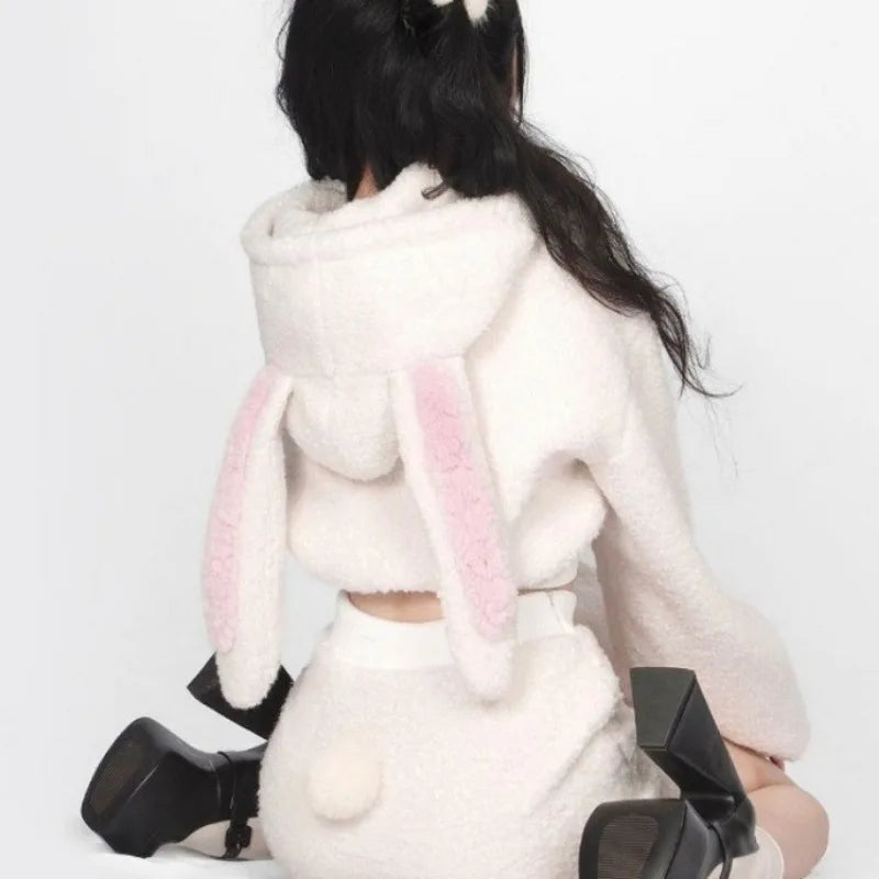 Kawaii Fluffy Rabbit Outfit Set - Hoodie & Skirt
