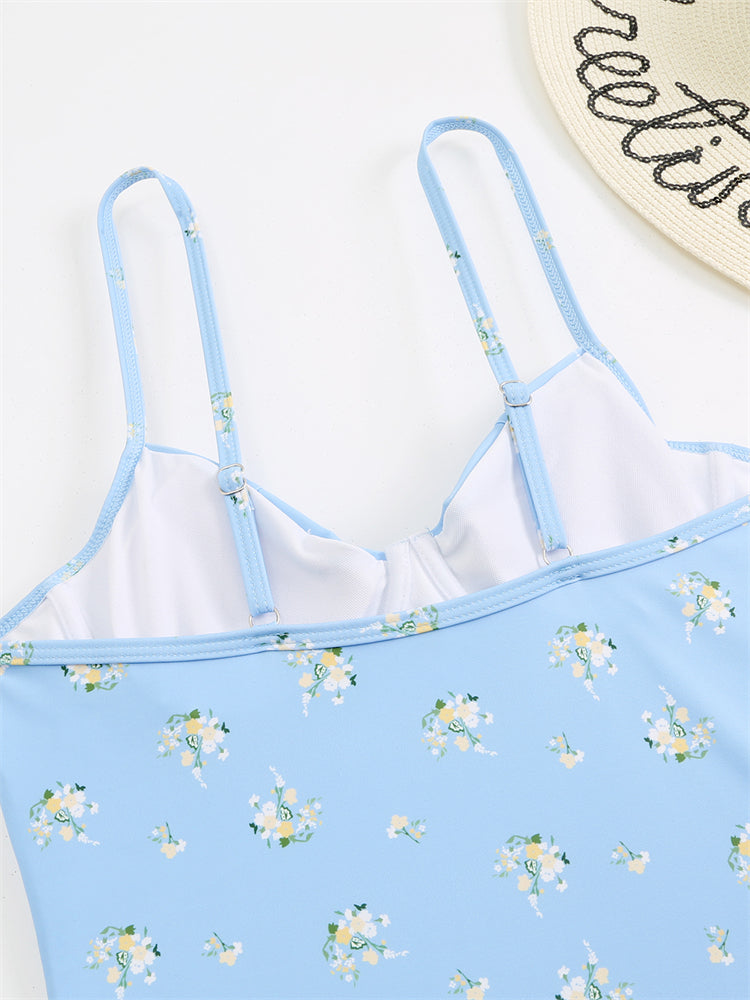 Olive Floral Print Underwired One Piece Swimsuit - Blue