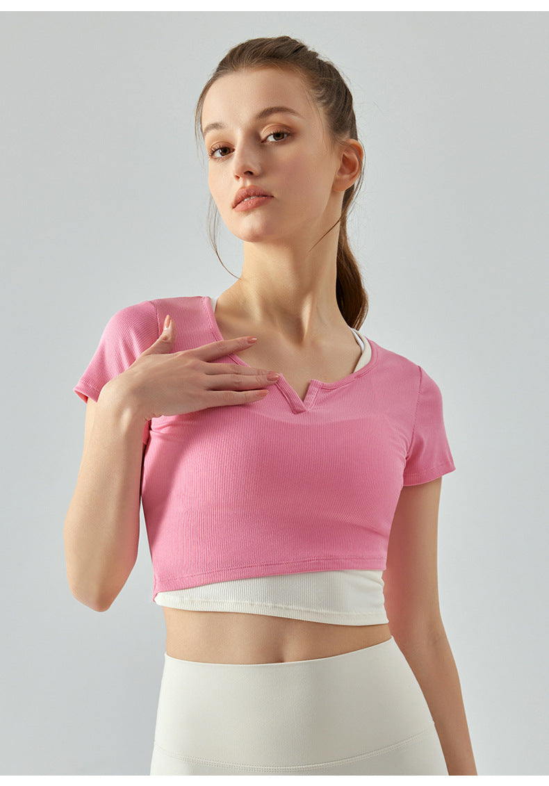 V Neck Two Color Tone Women's Fitness T Shirt