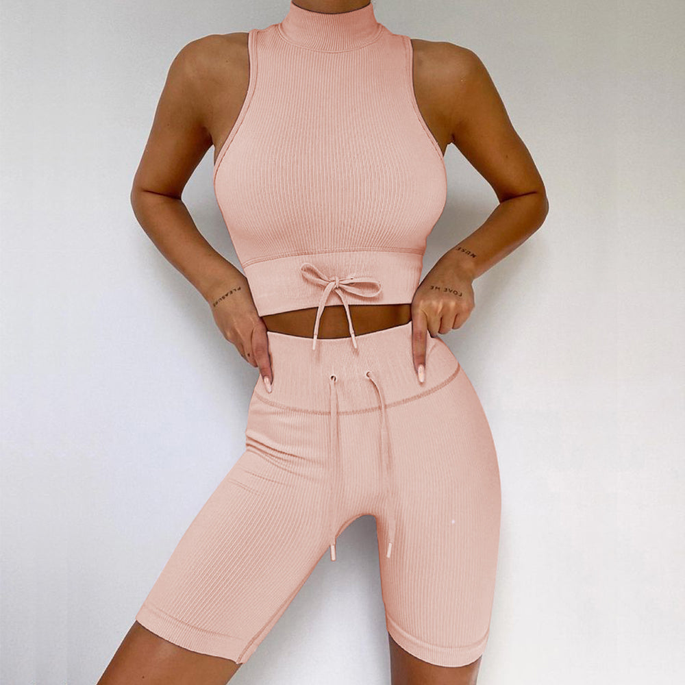 Workout Sets Seamless High Neck Vest & Shorts