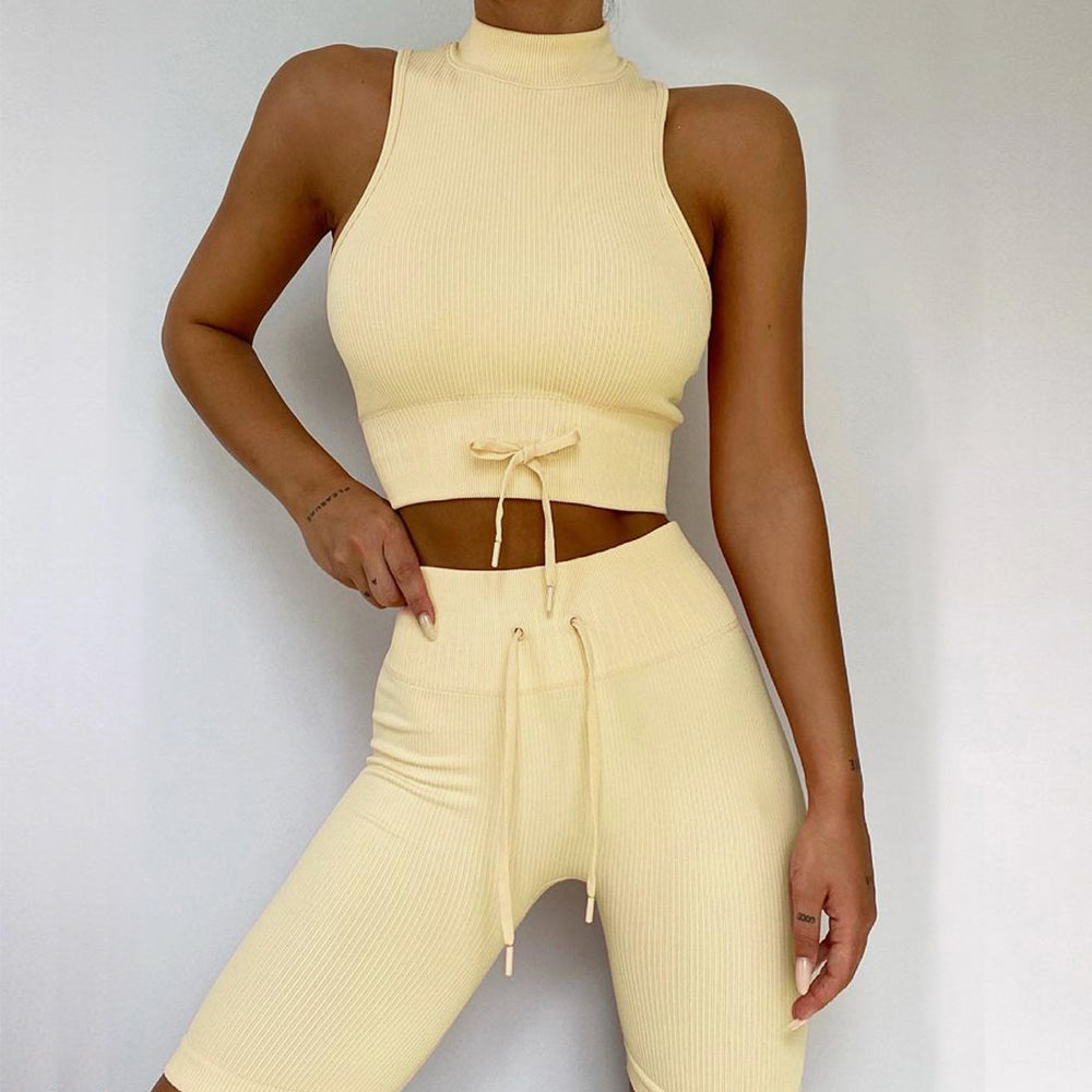 Workout Sets Seamless High Neck Vest & Shorts
