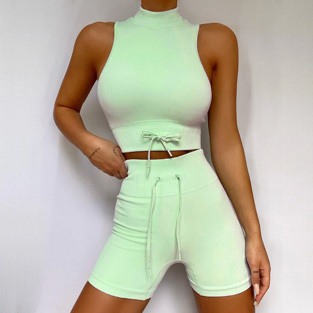 Workout Sets Seamless High Neck Vest & Shorts