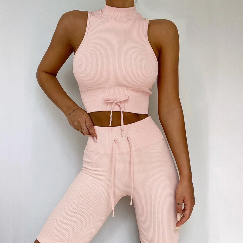 Workout Sets Seamless High Neck Vest & Shorts