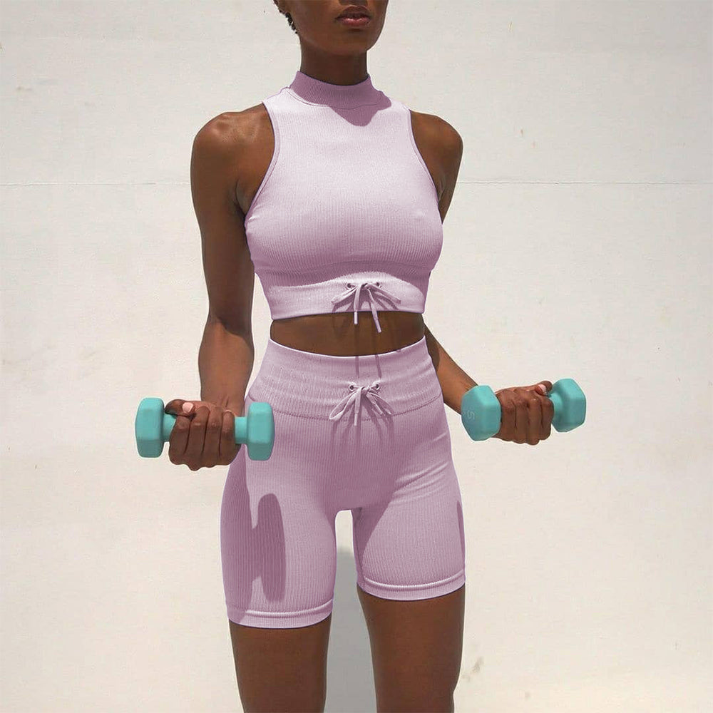 Workout Sets Seamless High Neck Vest & Shorts