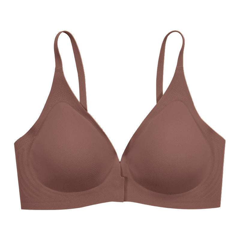 Solid Color Front Button Deep V Wireless Bra Brown