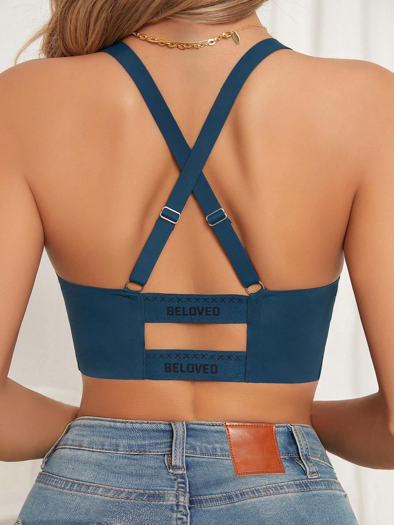 Cross Back Letter Print Wireless Bralette Navy