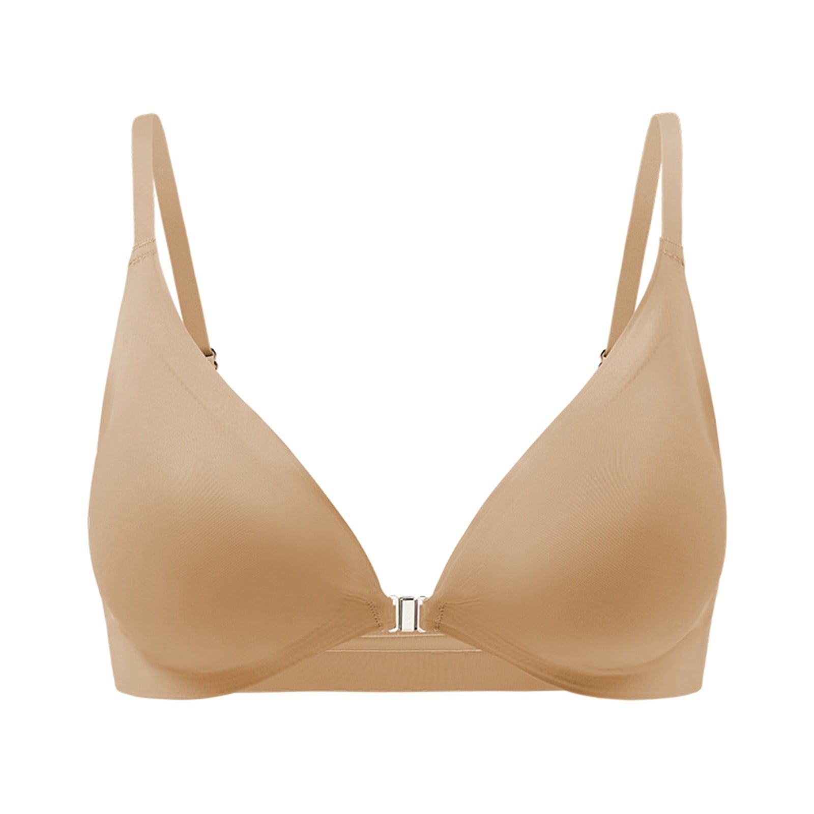 Comfortable Adjustable Straps Deep V Front Button Solid Color Wireless Bra Tan