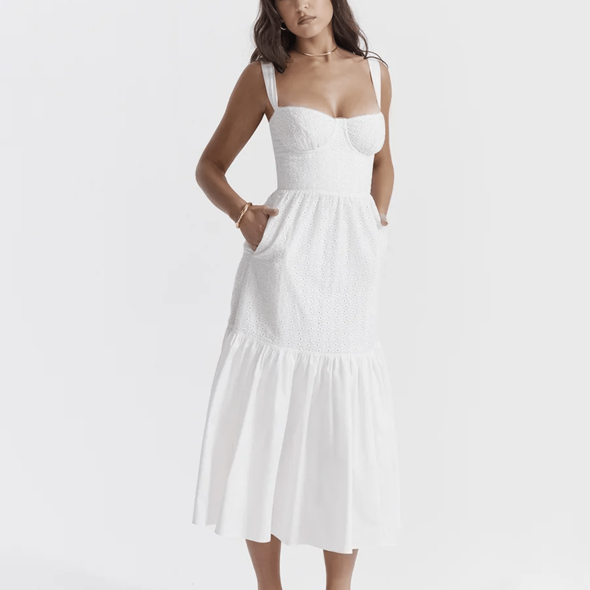 Amoura - White Midi Embroidery Summer Dress