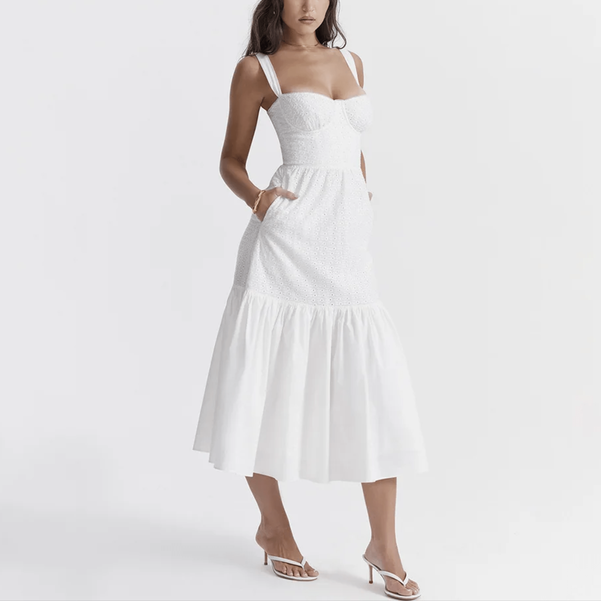 Amoura - White Midi Embroidery Summer Dress