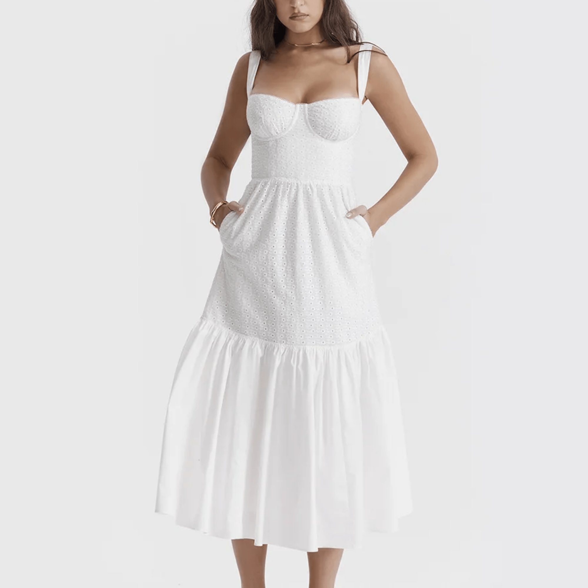 Amoura - White Midi Embroidery Summer Dress