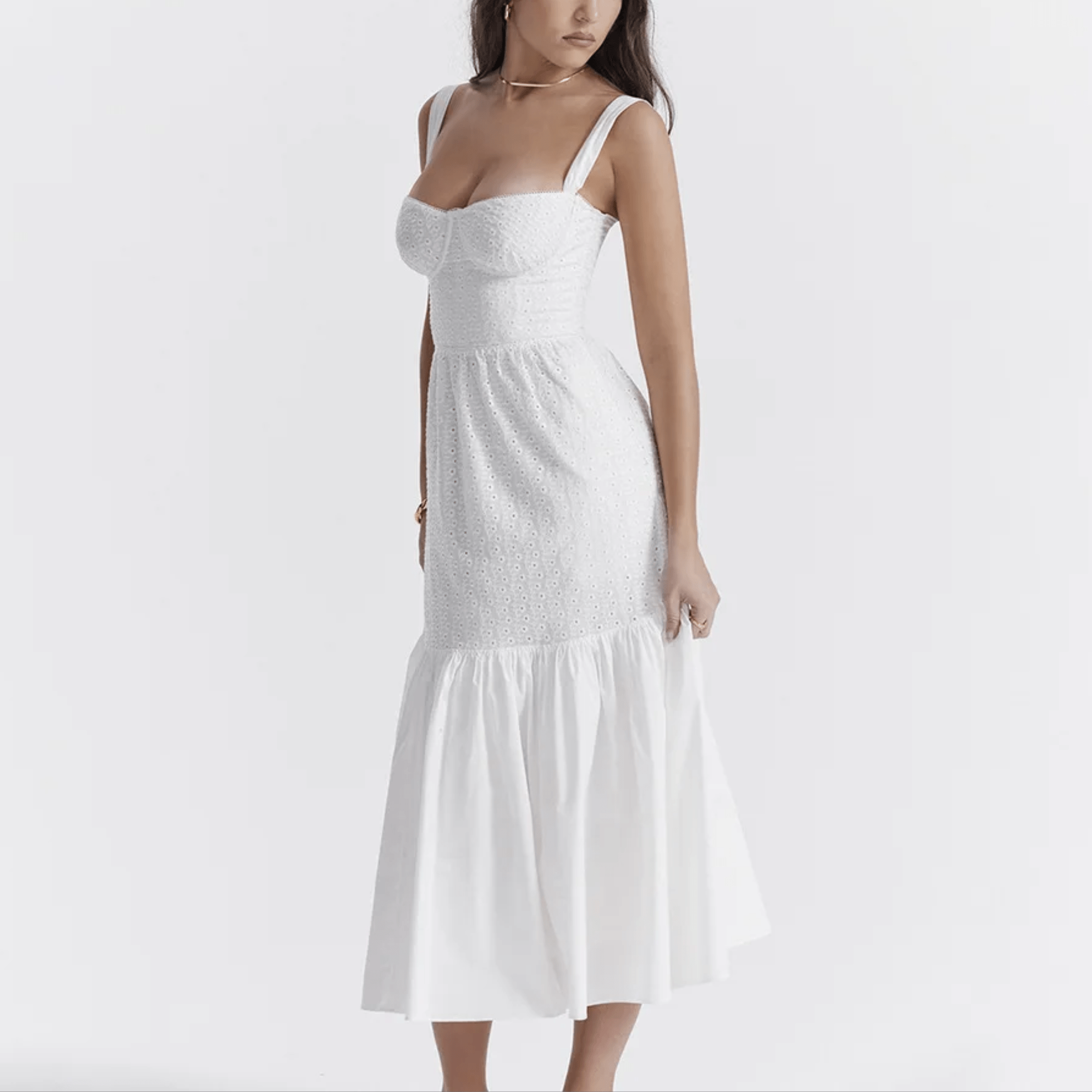 Amoura - White Midi Embroidery Summer Dress