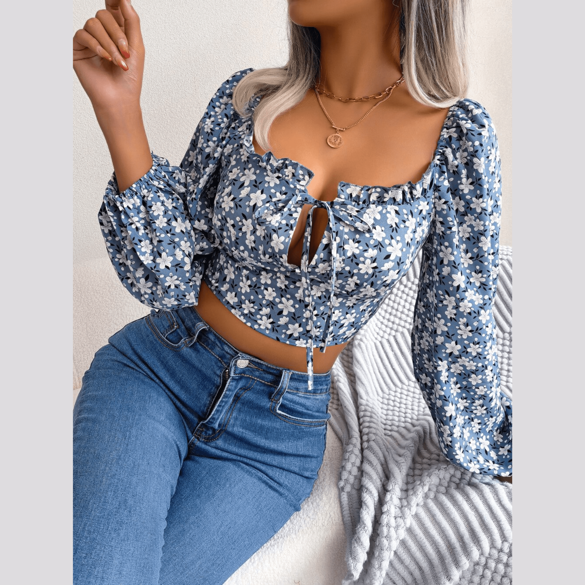 Anita - Blue Floral Print Chiffon Crop Top