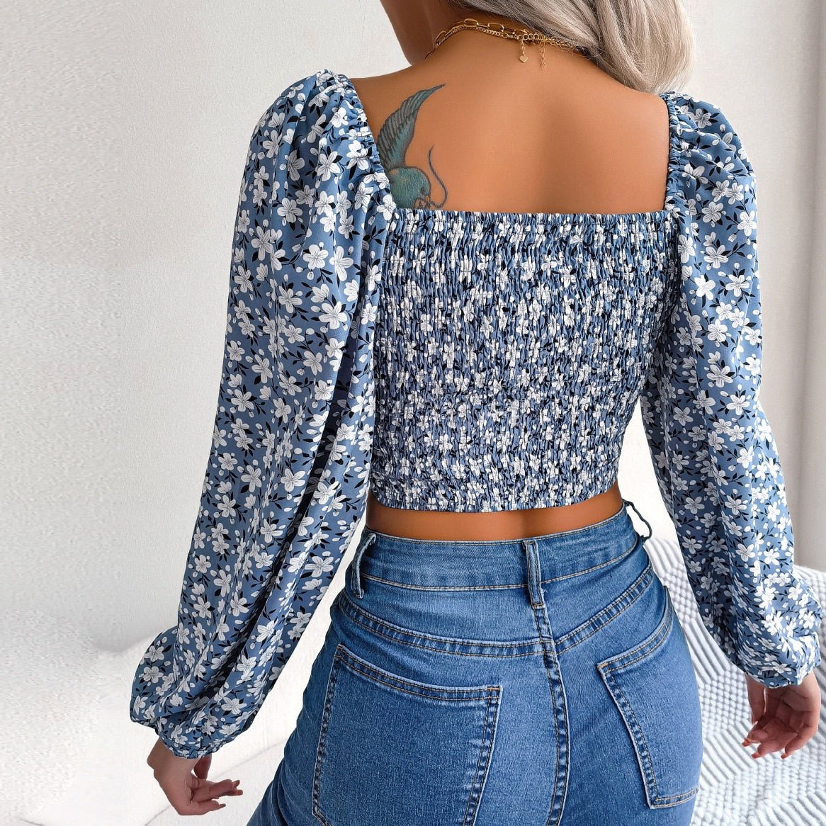 Anita - Blue Floral Print Chiffon Crop Top