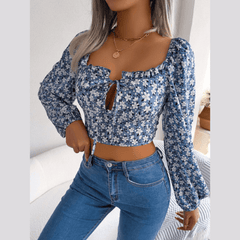 Anita - Blue Floral Print Chiffon Crop Top