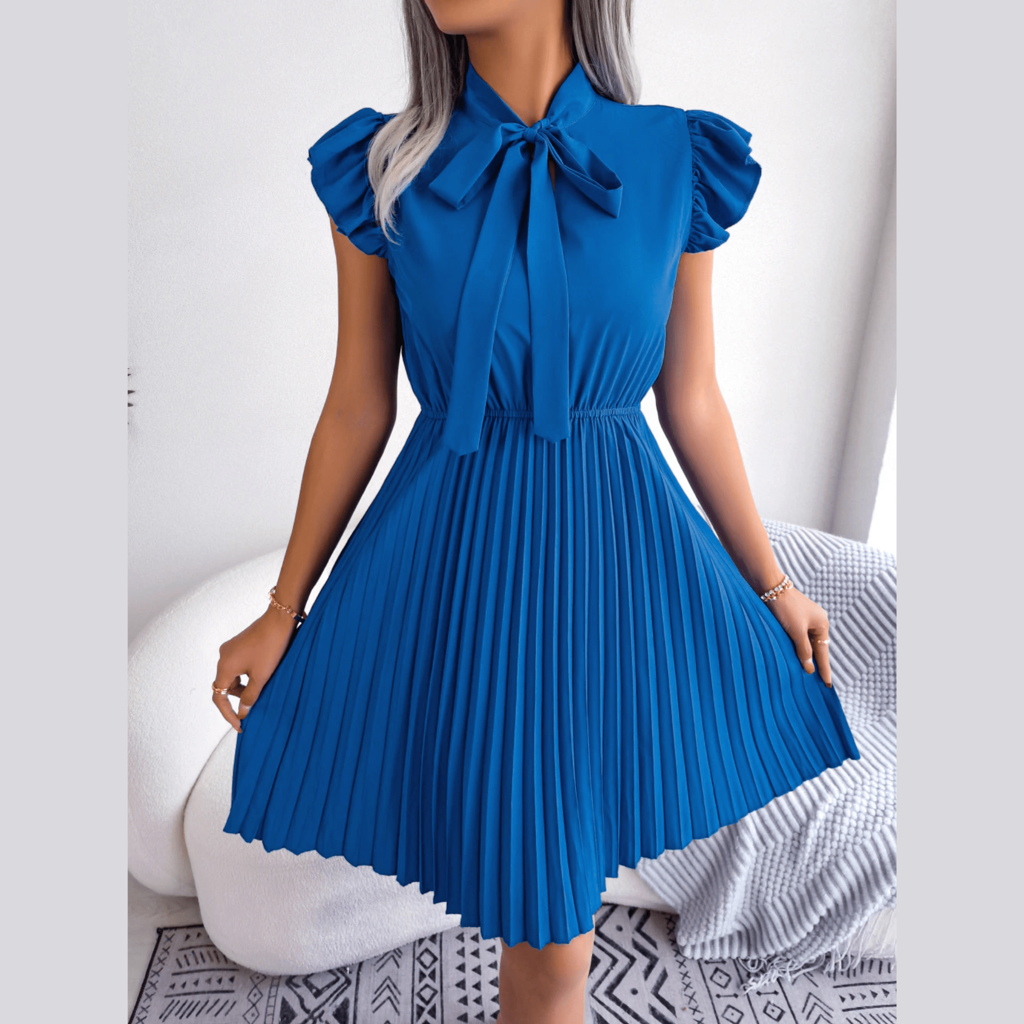 Asia - Blue Pleated Ruffled Sleeve Mini Dress