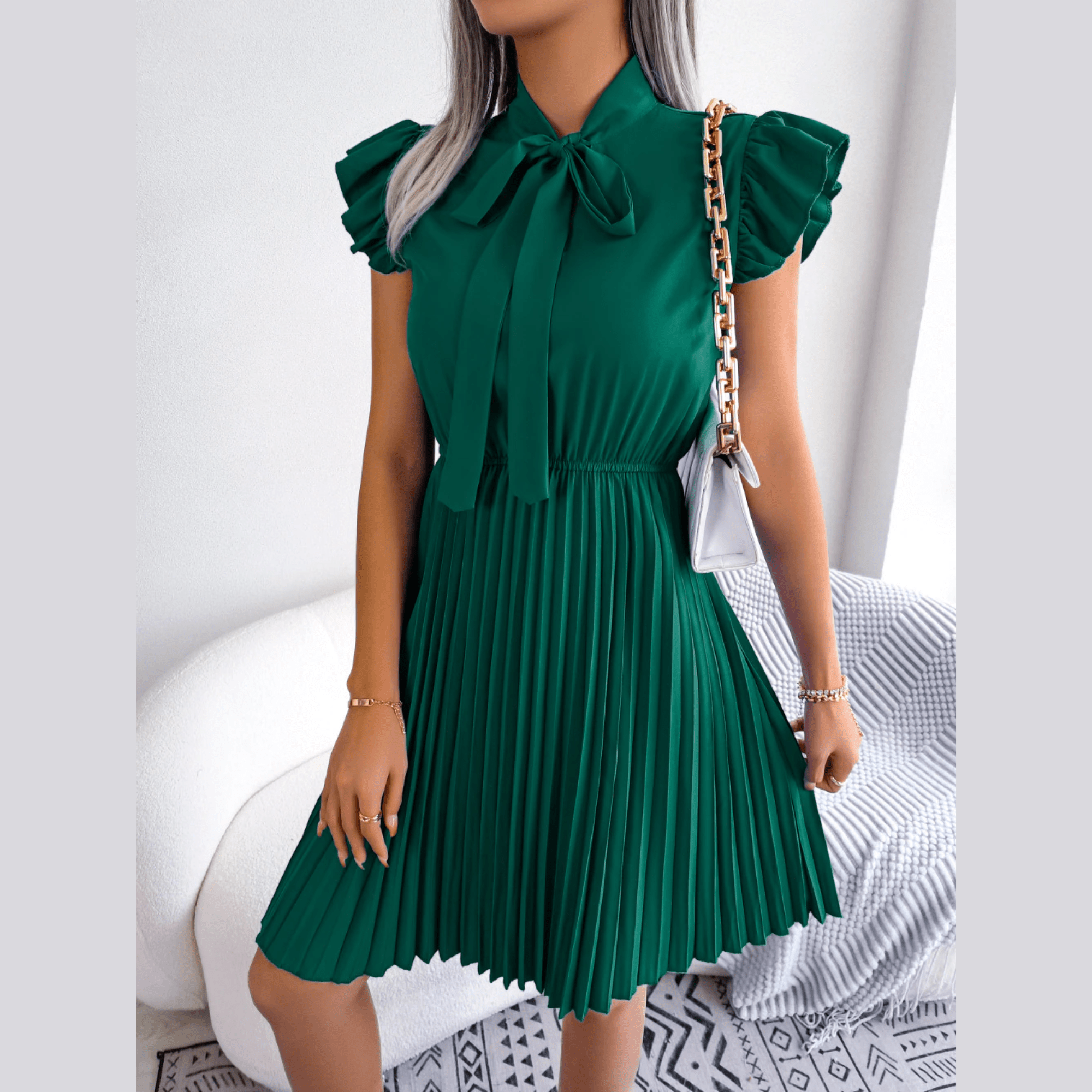 Asia - Green Pleated Ruffled Sleeve Mini Dress